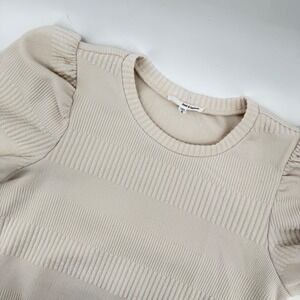 June & Hudson Women's Textured Puff Sleeve Pullover Sweatshirt Light Beige Small